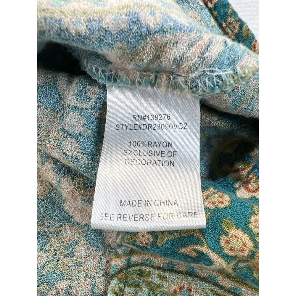 DR2 Women's Medium Short Sleeve Paisley Floral Teal Orange Flowy Boho Blouse Top - Picture 5 of 7